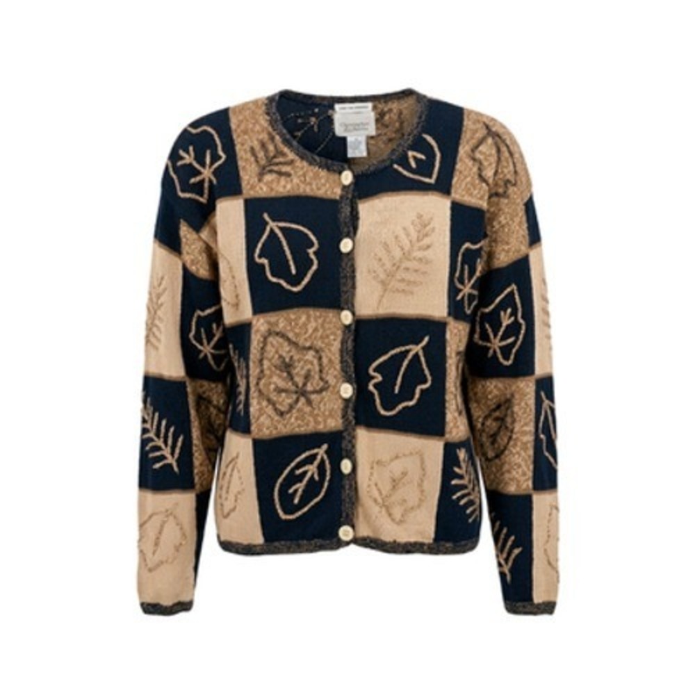 VTG Grandmacore Cardigan Sweater Women S Beige Navy Leaf Hand Embroidered Fall